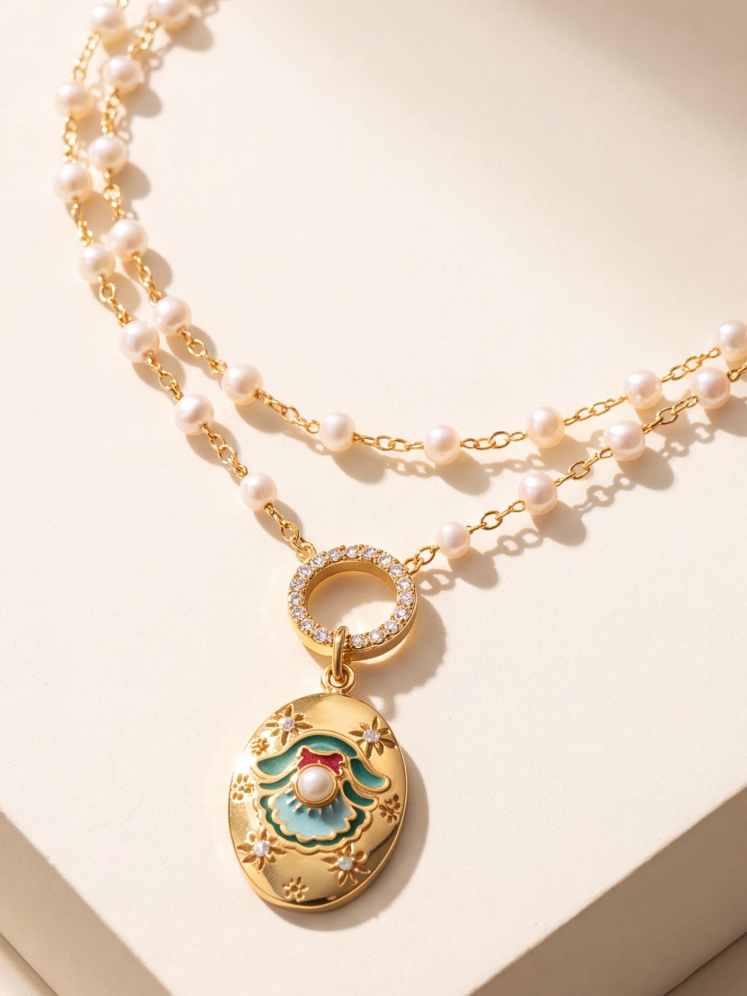 Dream necklace, layered pearl necklace with celestial enamel medallion