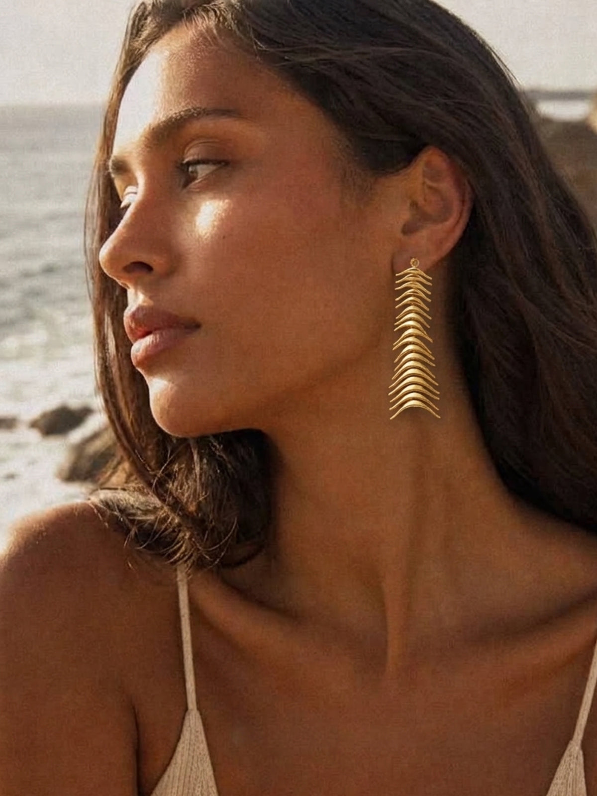 Fishbone Fringe Gold Long Earrings