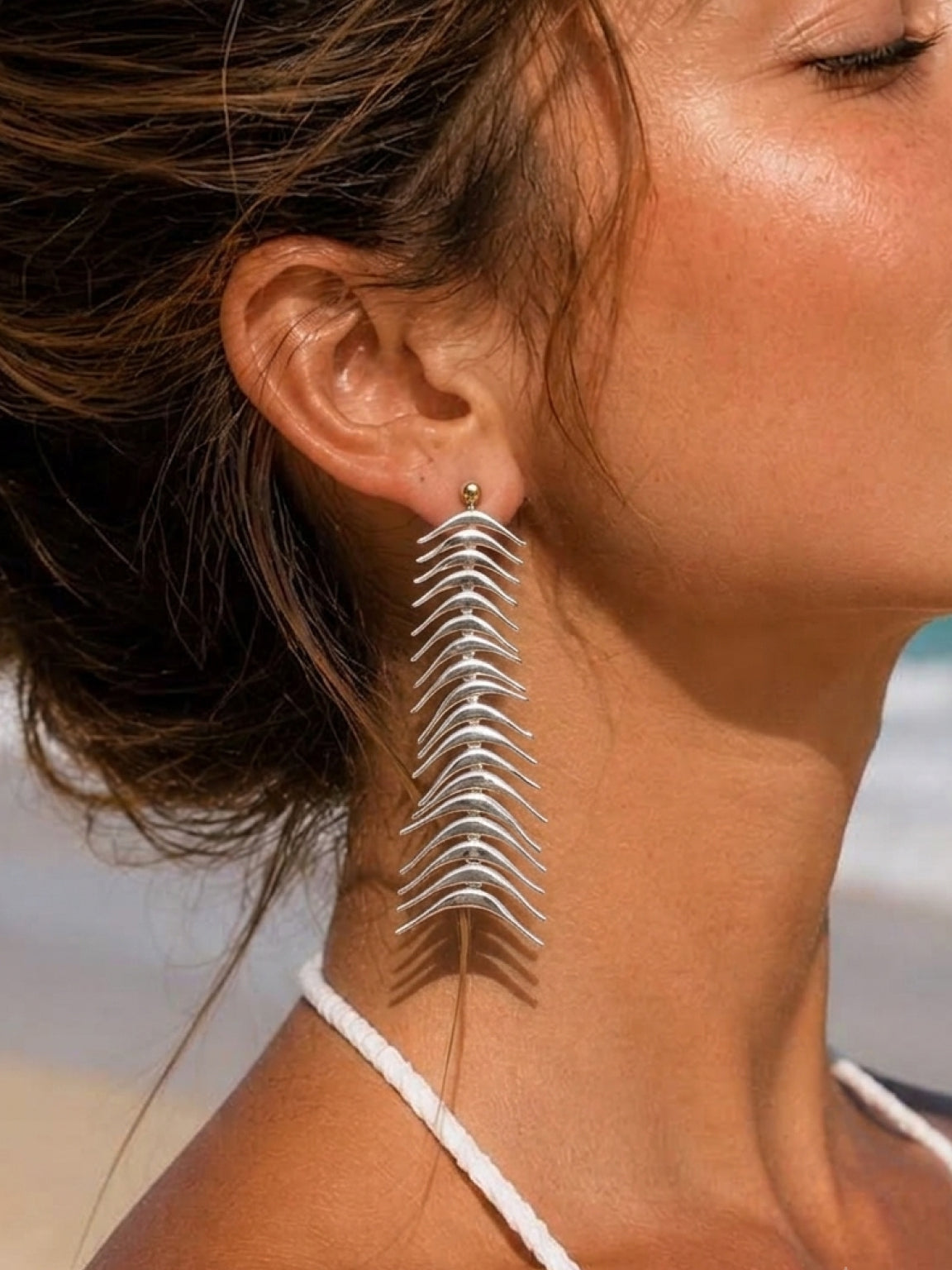Fishbone Fringe Silver Long-Earrings