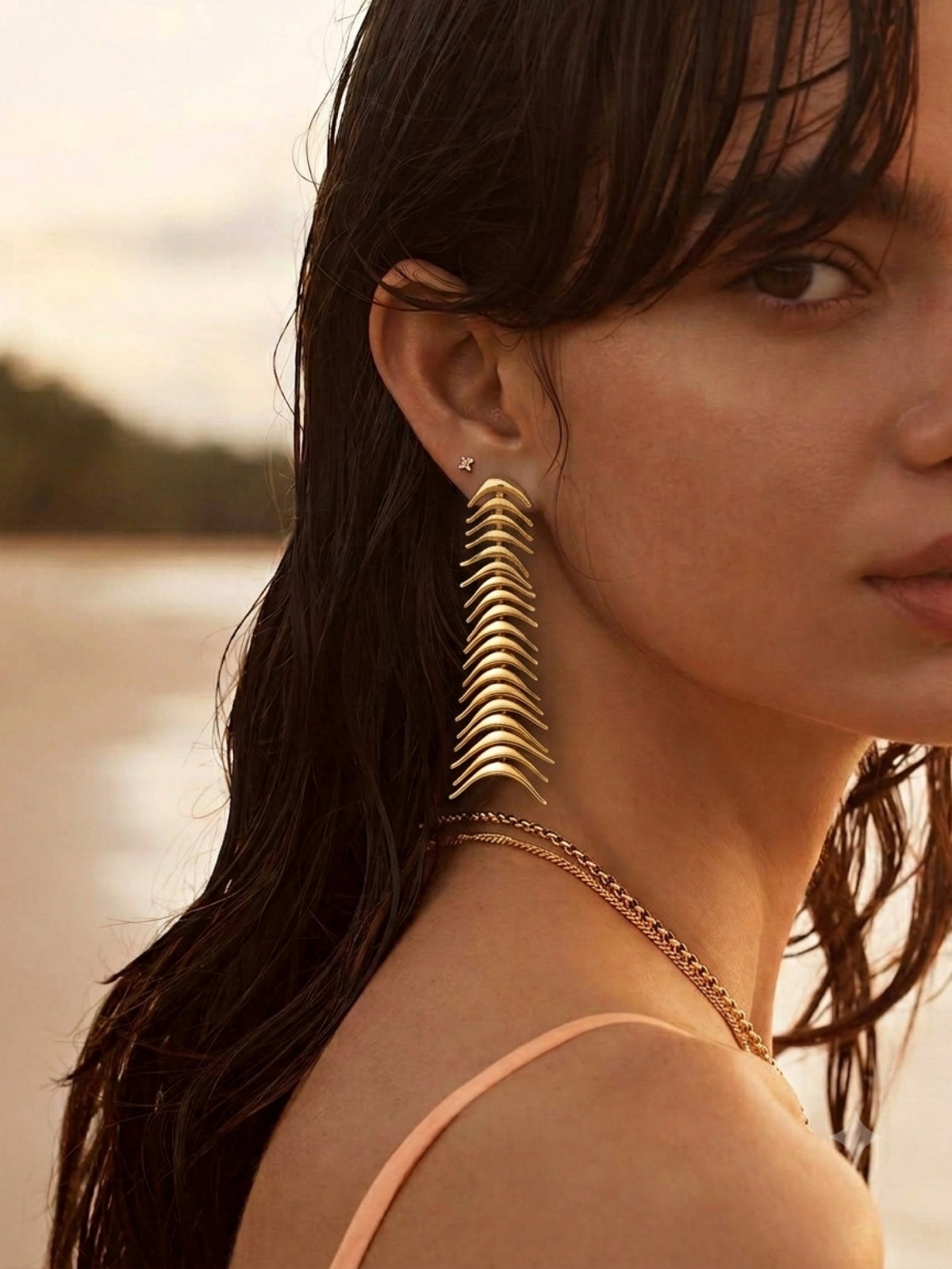Fishbone Fringe Gold Long Earrings
