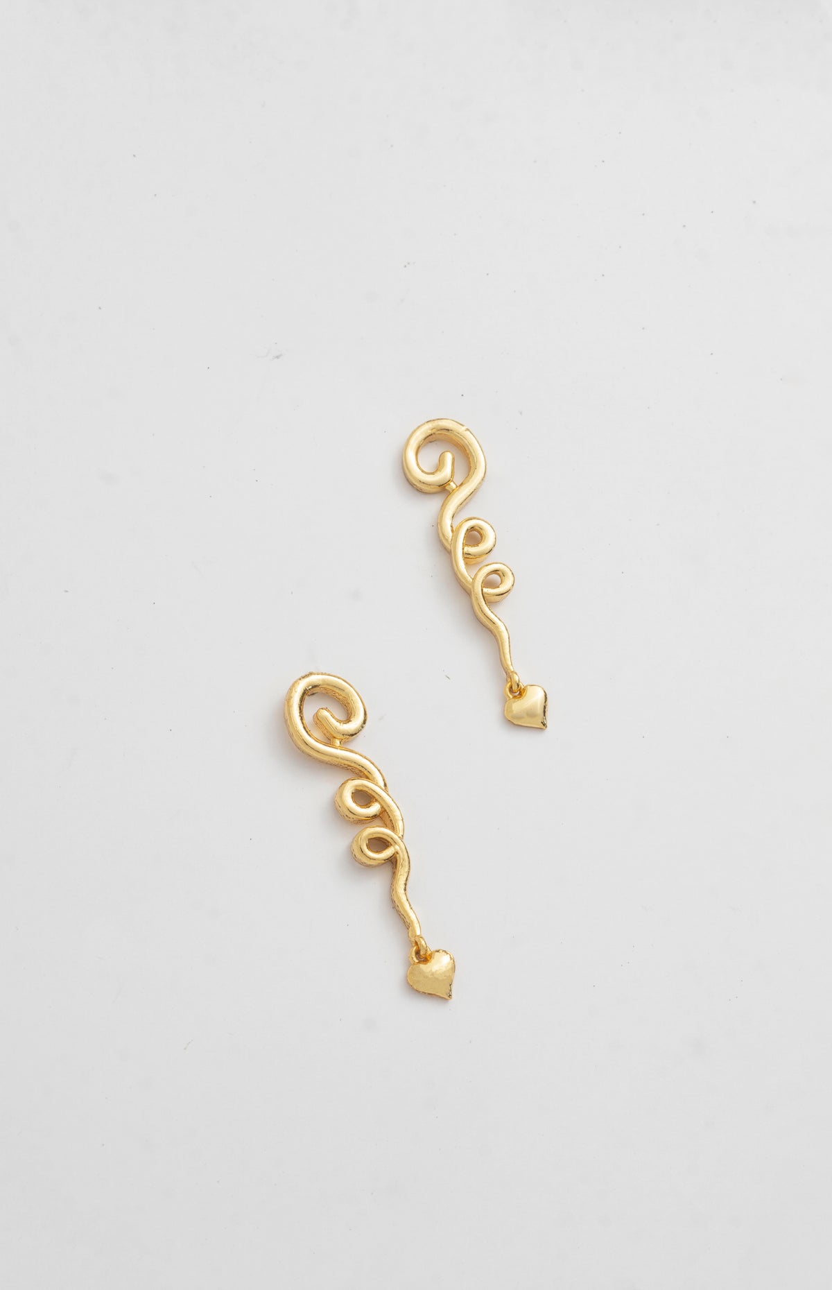 Spiral Hearts, 22K gold-plated coiled drop earrings with heart accents