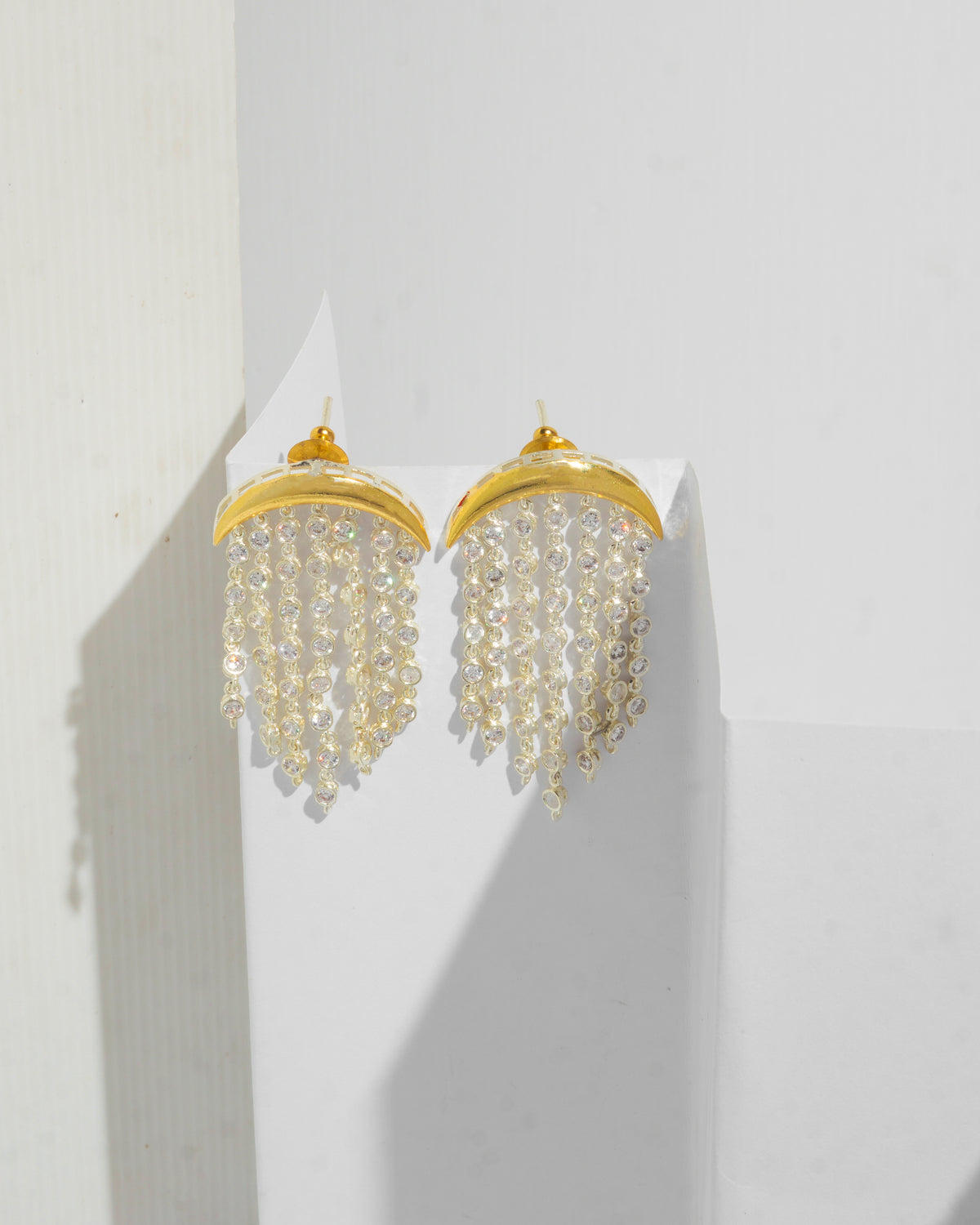 Diamond Danglers, 22K gold-plated waterfall danglers with crescent top