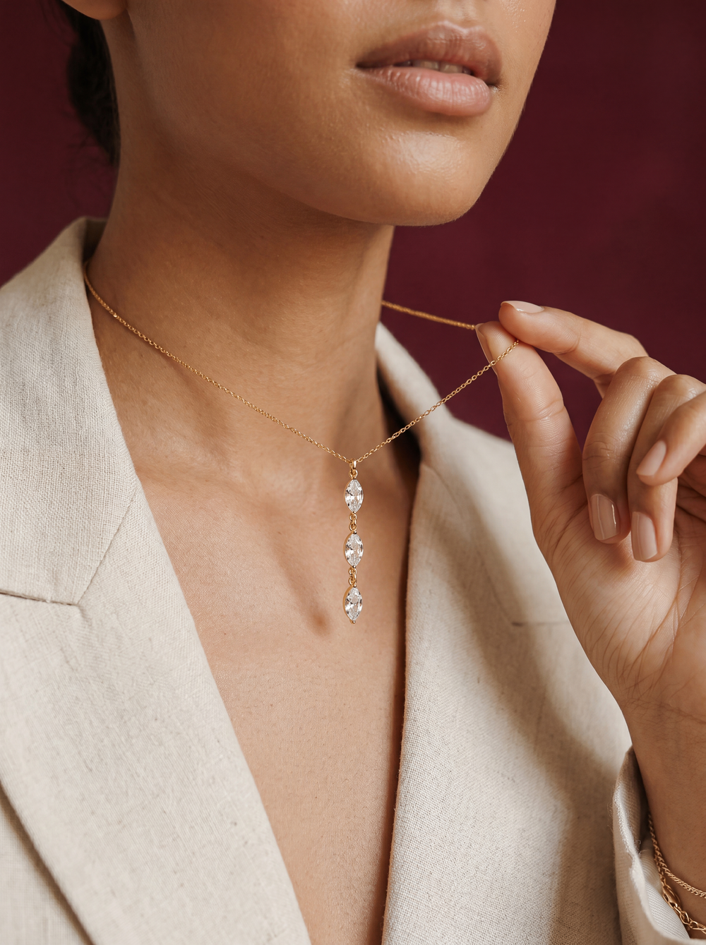 Golden Y-Long Necklace worn with a tailored look