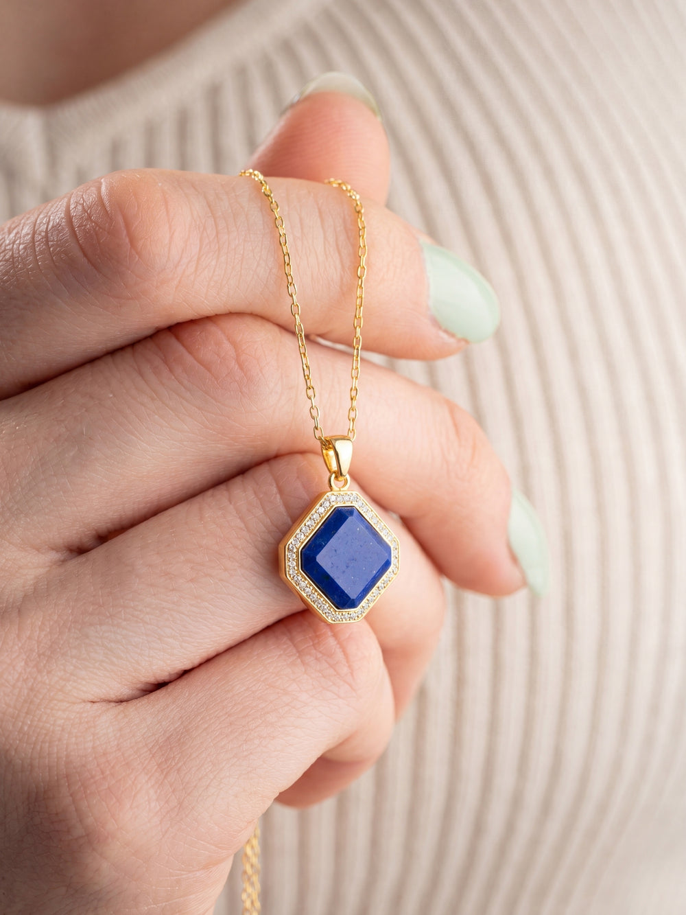 Close view of the Midnight Lapis Pendant
